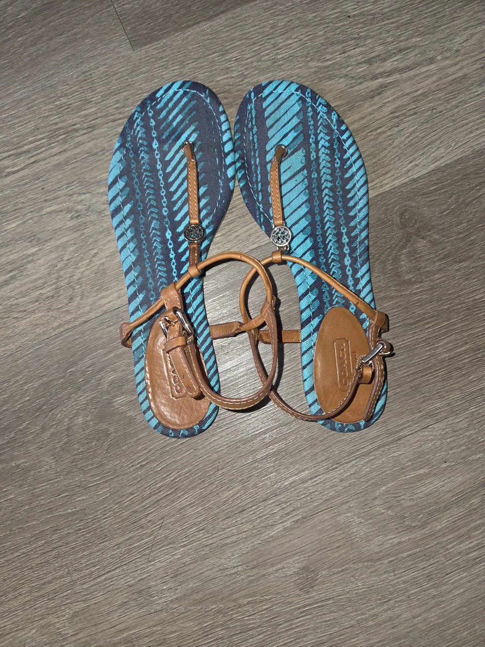 Coach Turquoise Patterned Footbed Tan Leather T-Strap Sandals